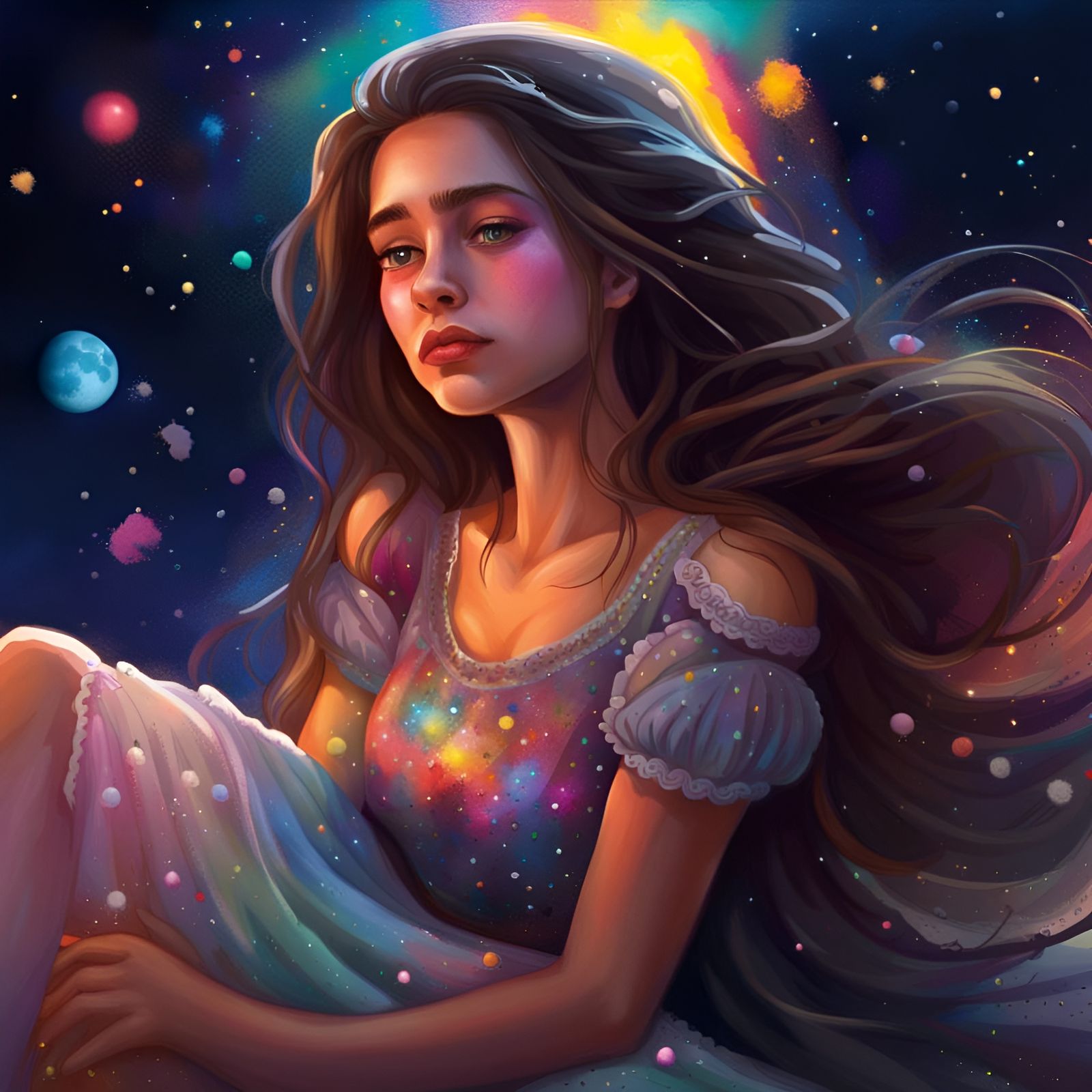 Sad Girl on the Moon in Bright Colors