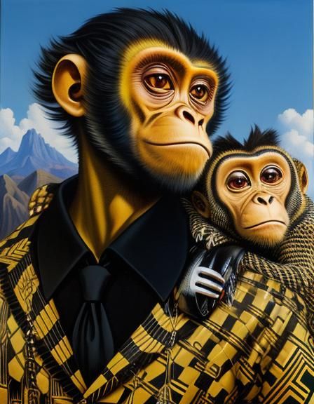 Surreal Checkered Monkey in Melting Oil Canvas Style