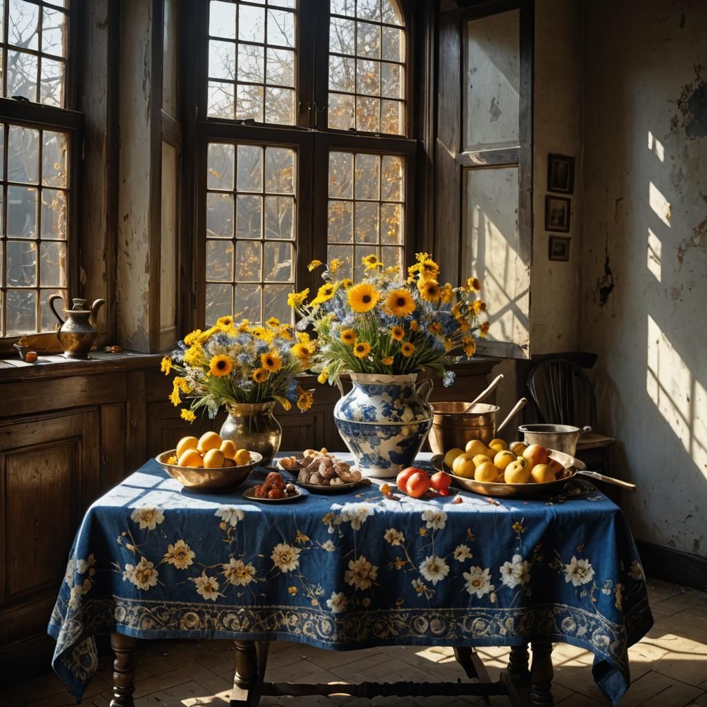 Golden Flowers in Delft Blue: Hyperrealistic Still Life