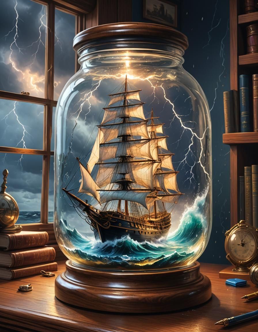 Sailing Ship in Jar: Hyperrealistic Electrical Storm