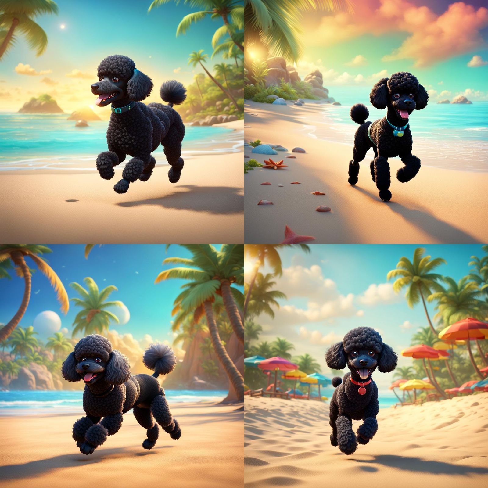 Black Poodle's Tropical Beach Run: 3D Digital Art