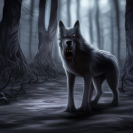 Red-Eyed Wolf in Spooky Forest at Dusk