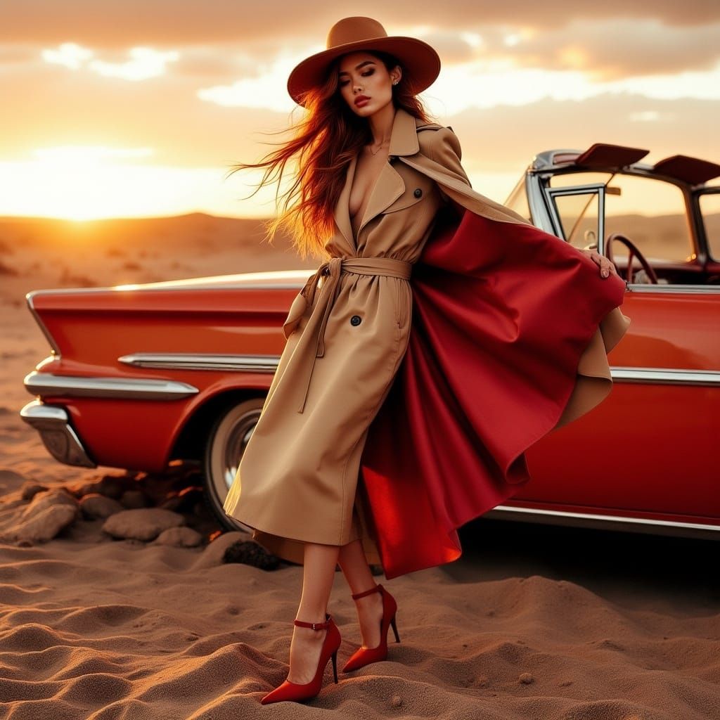 Desert Editorial: Model in Red at Golden Hour