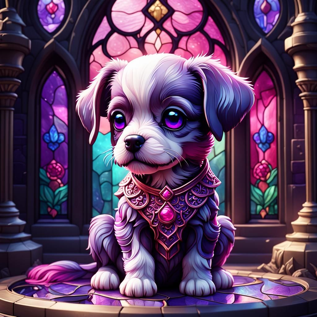 Stained Glass Chibi Puppy in Purple and Pink