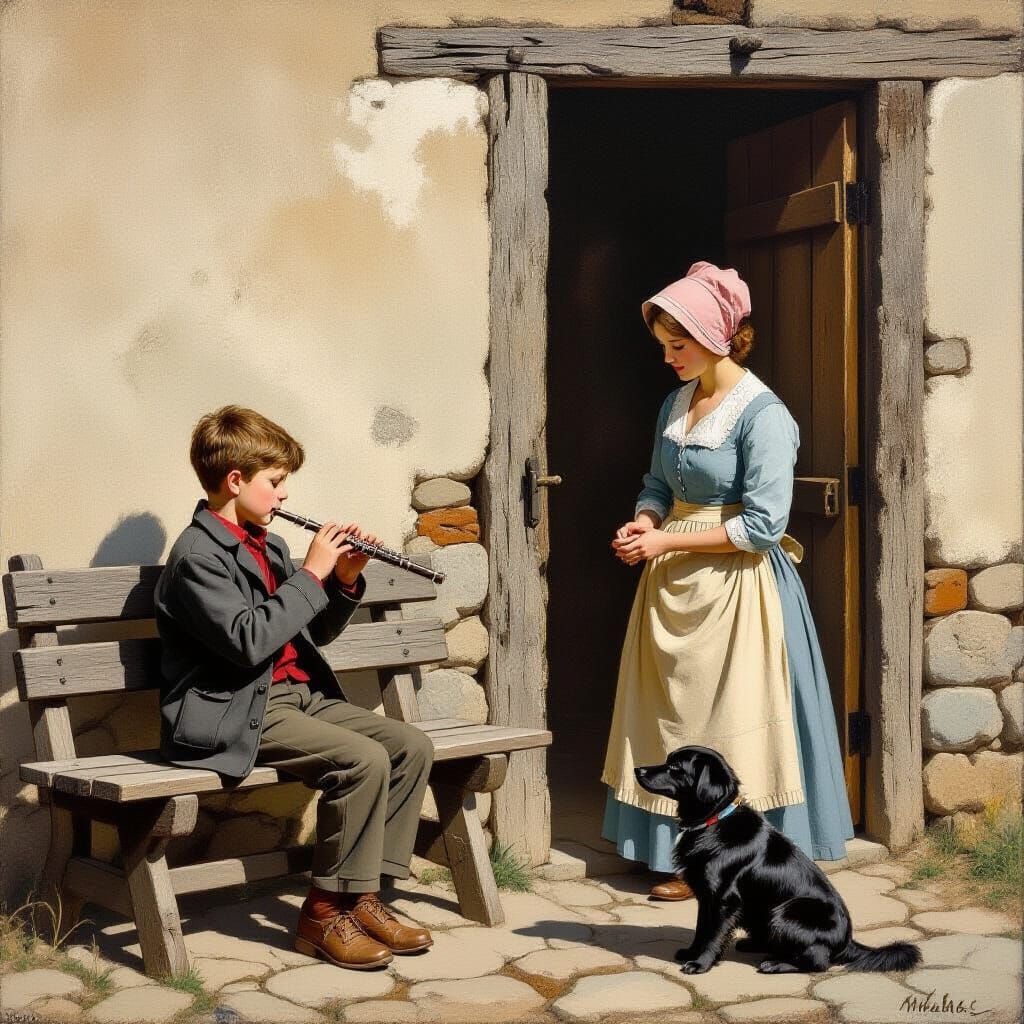 Boy with Flute in Earthy Tones, Regionalist Style