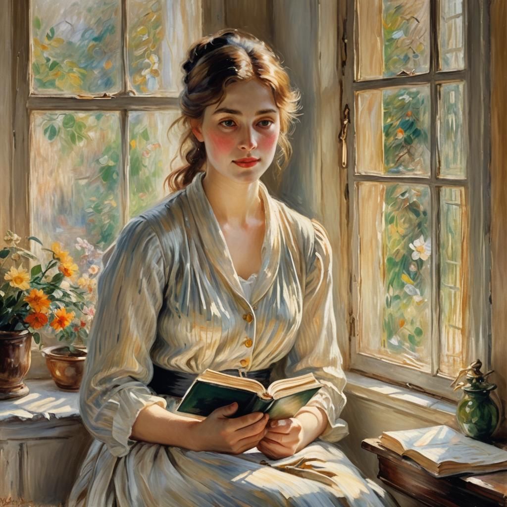 Woman in Impressionist Portrait Reminiscing by Window