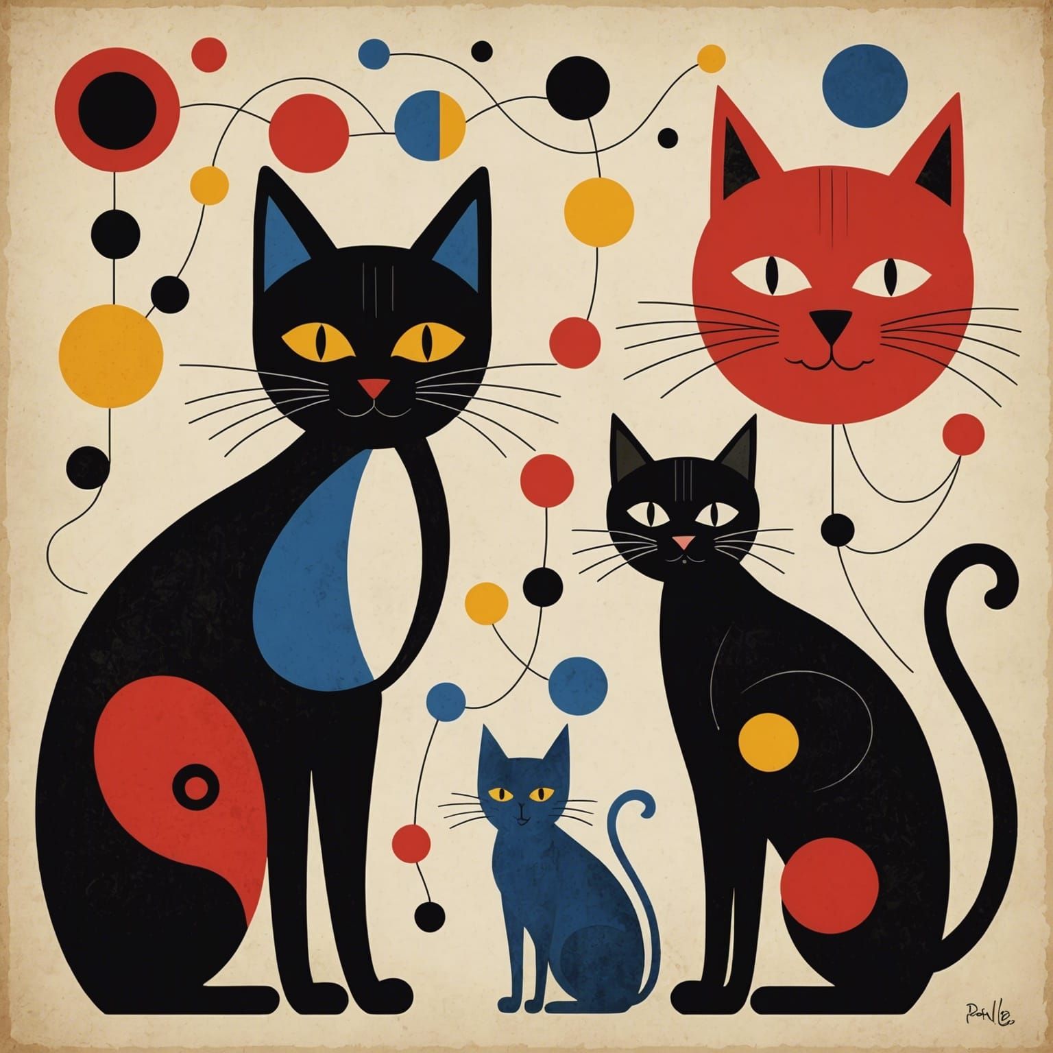 Philosophical Cats in Mid-Century Modern Style