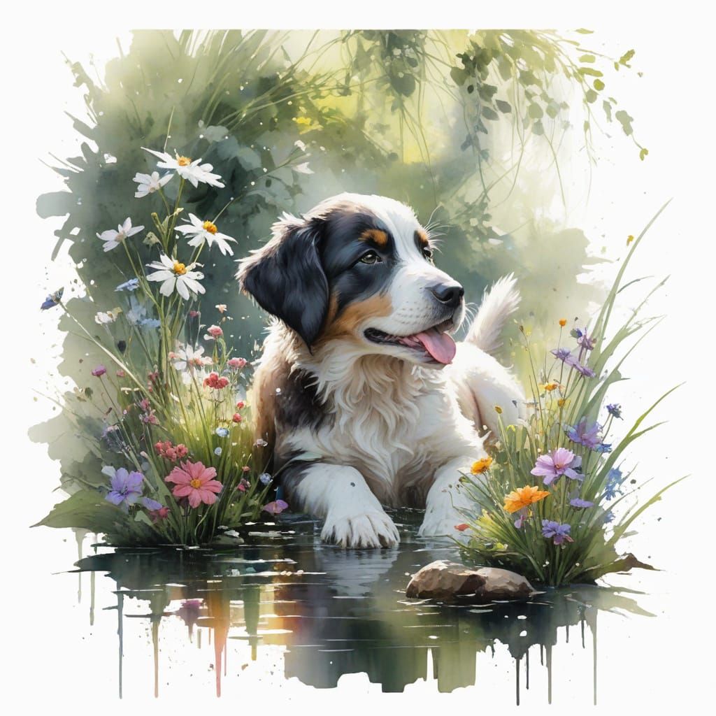 Whimsical Garden Scene with Playful Puppy and Owner