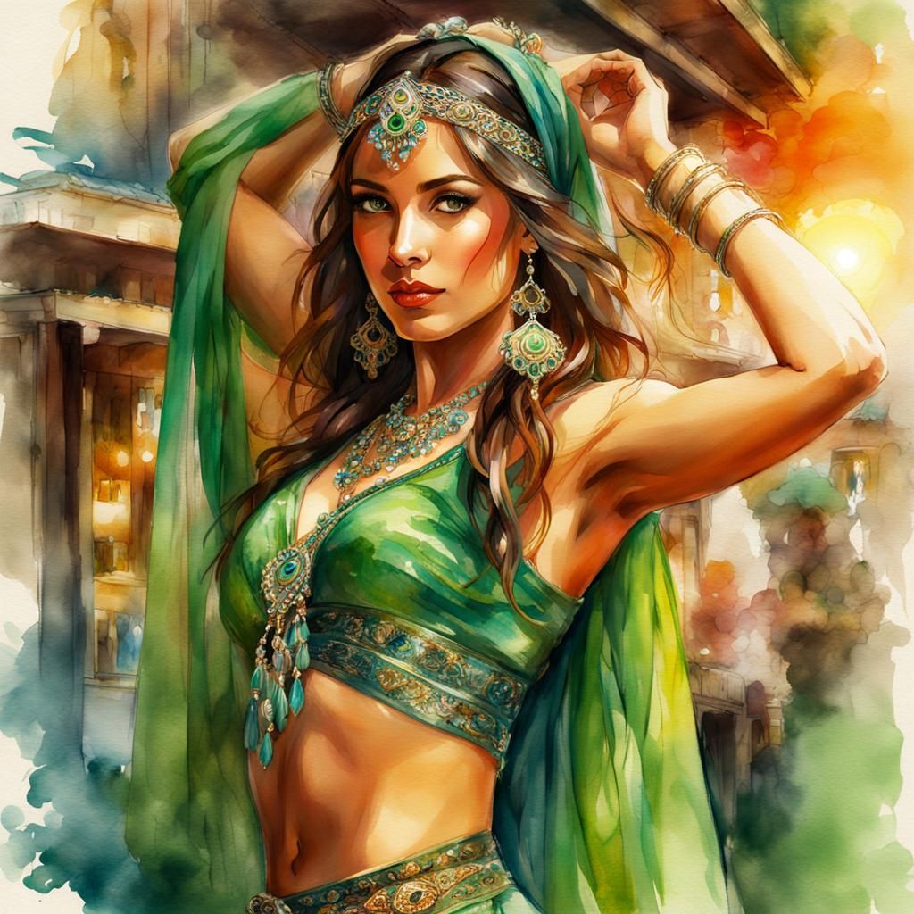 Belly Dancer in Turkish Cafe: Digital Watercolor Art