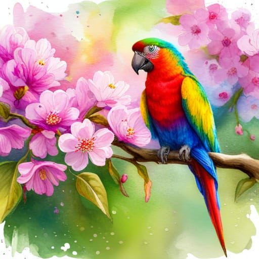 Cherry Blossom Tree with Multicolored Parrot in Watercolor S...