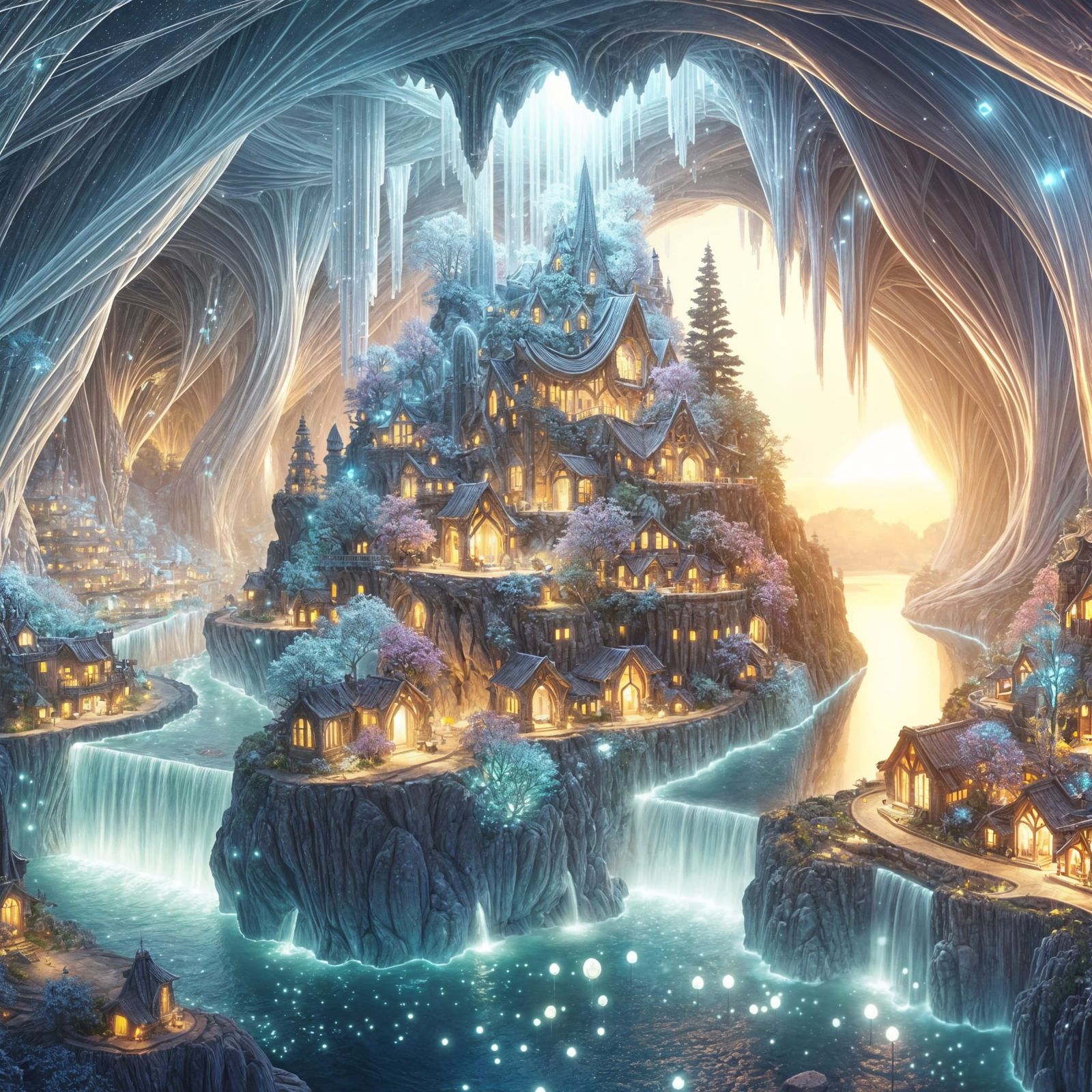 Bioluminescent Crystal Geode Village in Art Nouveau Style