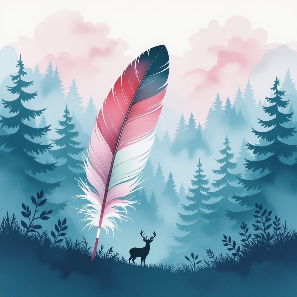 Watercolor Feather Landscape with Forest and Deer