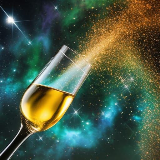 Exploding Champagne Glass: Nebula Sparkle in Hyperrealism