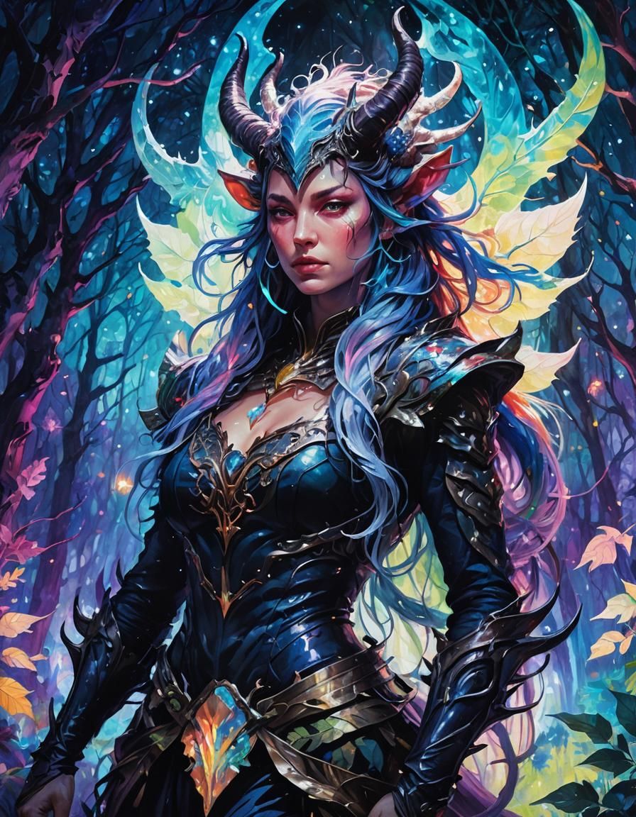 Tiefling in Mystical Forest, Surreal Fantasy Art