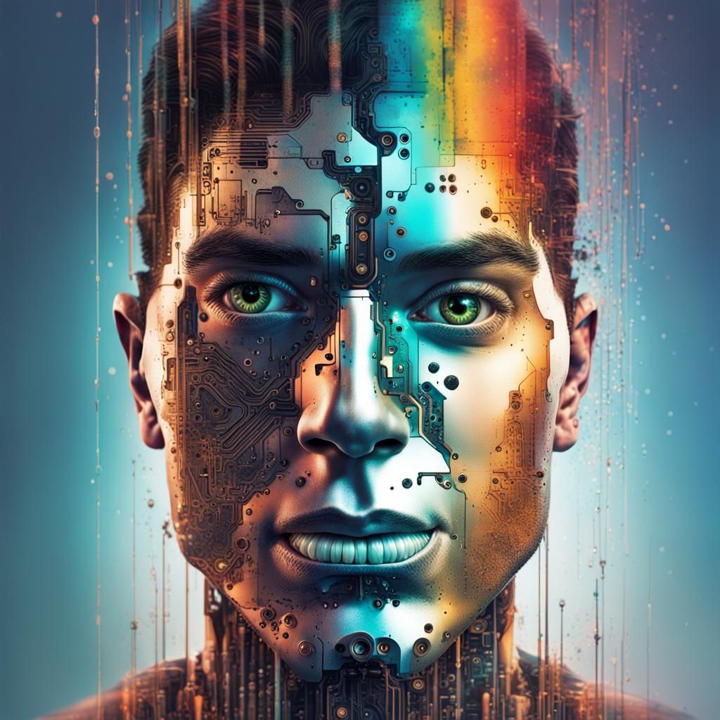 Robot Code Face Double Exposure Portrait