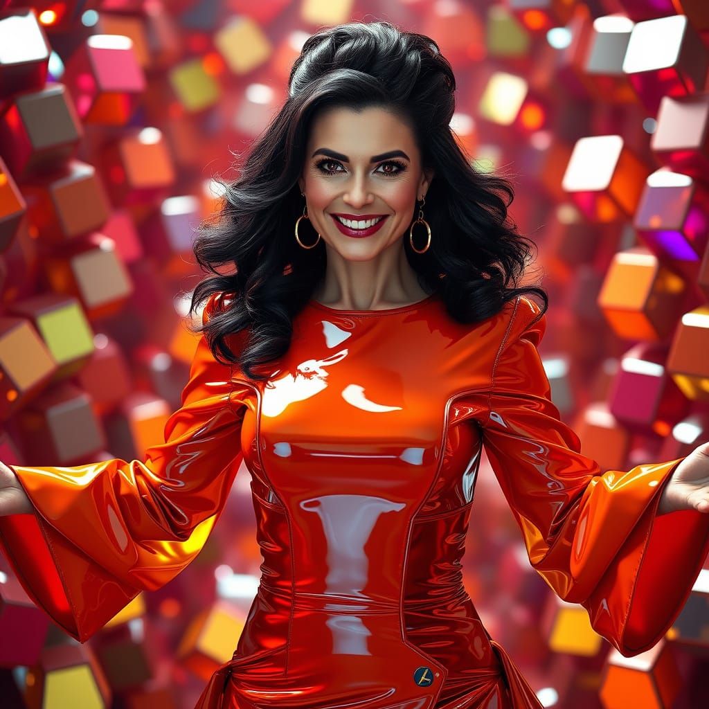 Hyperrealistic Woman in Latex Dress Among Octahedrons