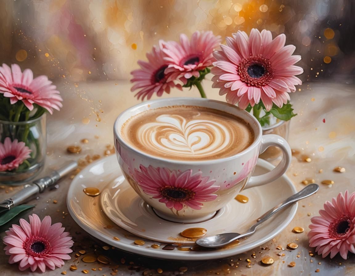 Whimsical Latte Art with Blooming Flower and Coffee
