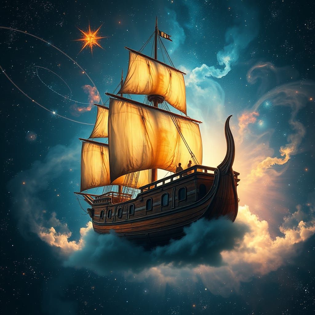 Majestic Wooden Galleon Sails Through Starry Cosmos in Cosmi...