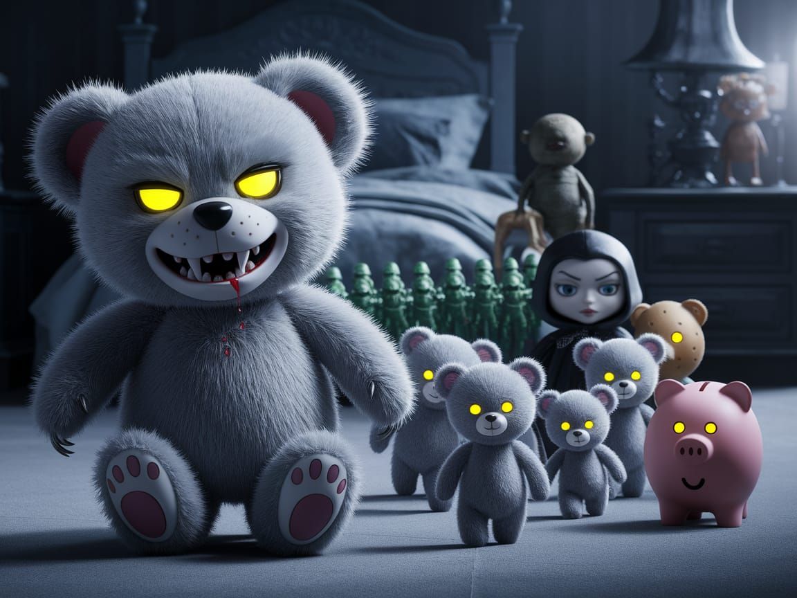 Sinister Teddy Bear Leads Toy Army in Cottagecore Room