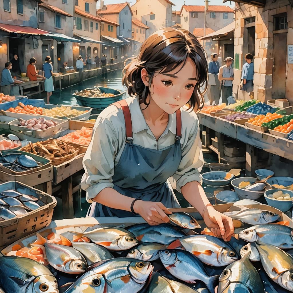 Italian Girl at Fish Market in Studio Ghibli Style