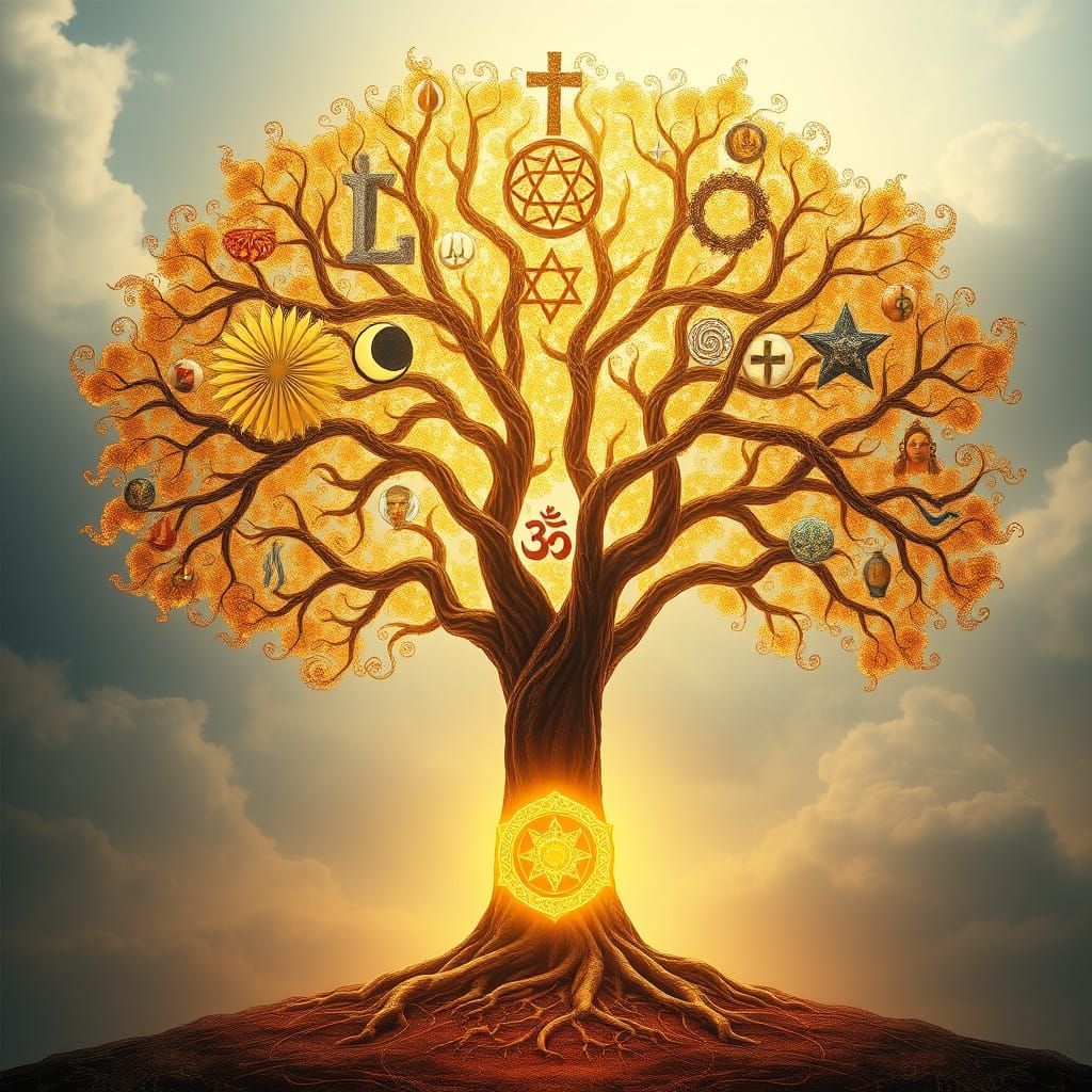Tree of Faiths: A Radiant, Golden Arboreal Tapestry in Cyber...