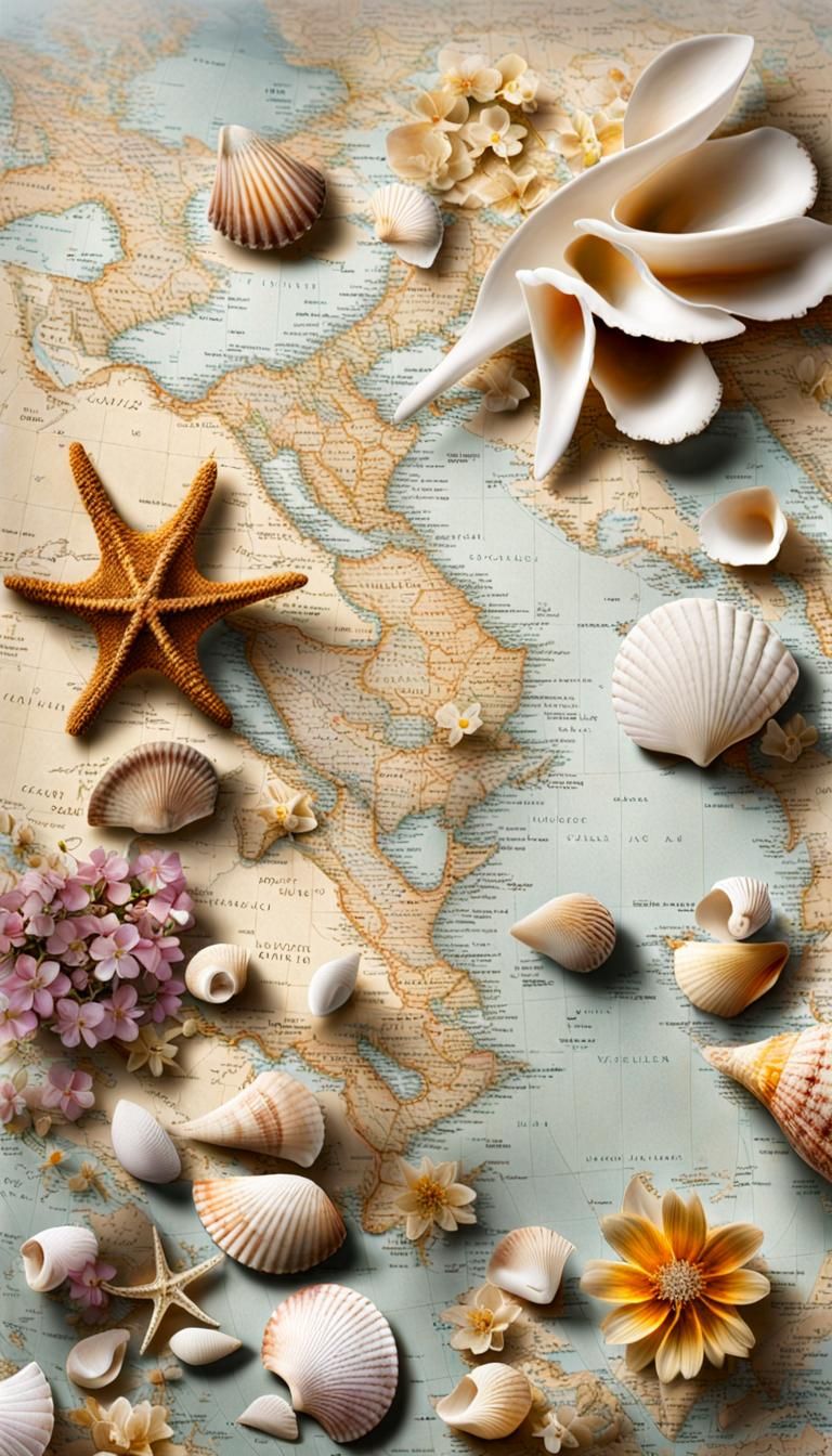 Vintage Collage Still Life with Seashells and Flowers