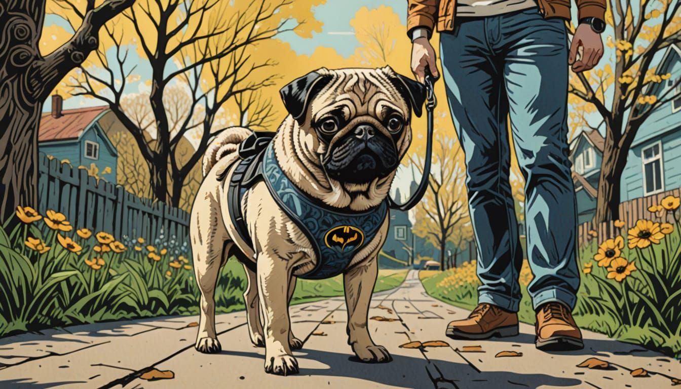 Vibrant Pug in Springtime Linocut