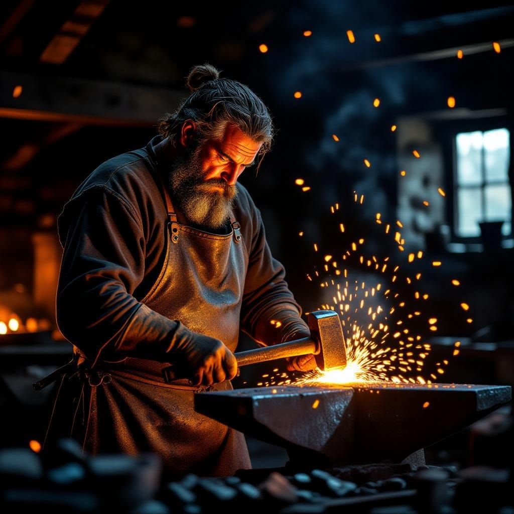 Medieval Blacksmith at Forge: Cinematic Film Still