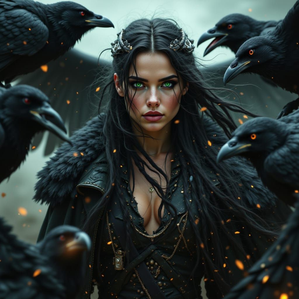 Beautiful Brunhilde with Ravens in Fur Coat