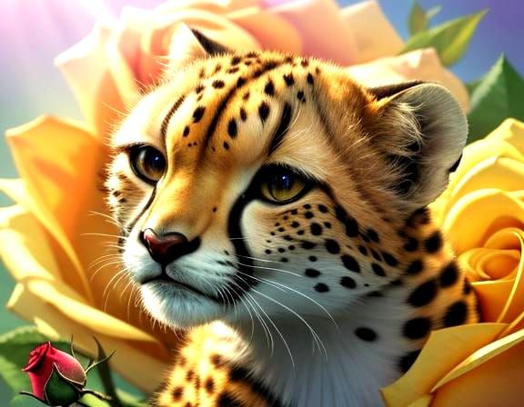 Cute Baby Cheetah in Vibrant Rose Bloom