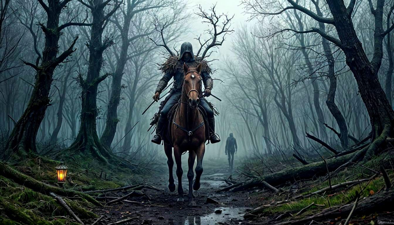 Dark Horseman in Misty Forest, Necropunk Oil Painting