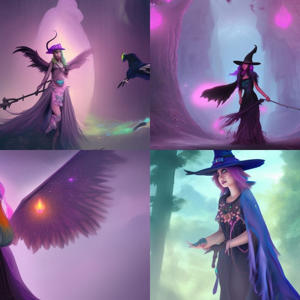 Pastel Witch with Crow Familiar in Detailed Matte Painting