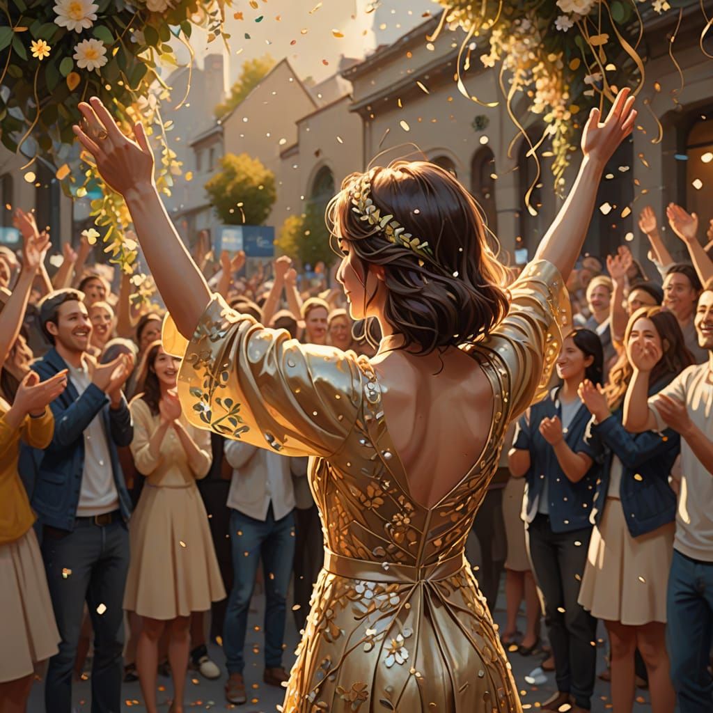 Grateful Figure Embraced by Floral Vines and Cheering Crowd