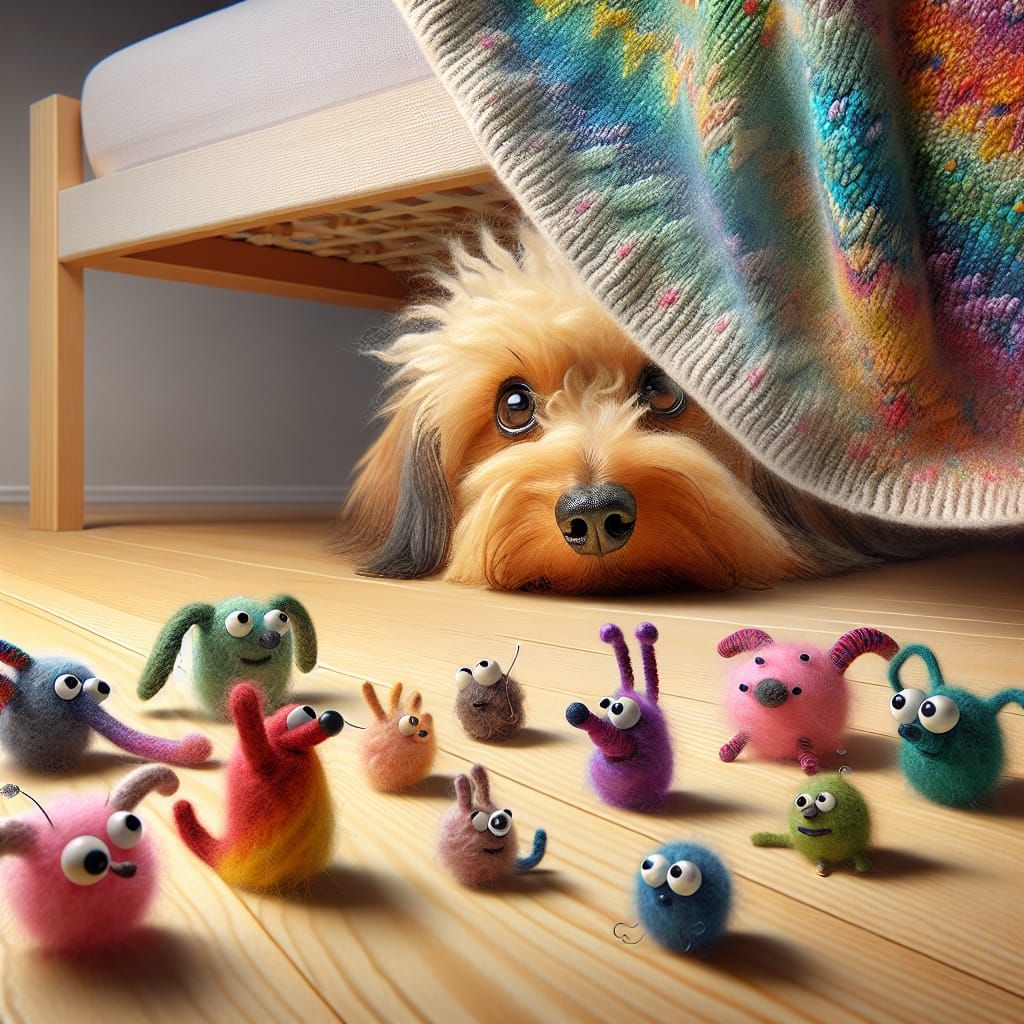 Dachshund and Wool Monsters Under Bed