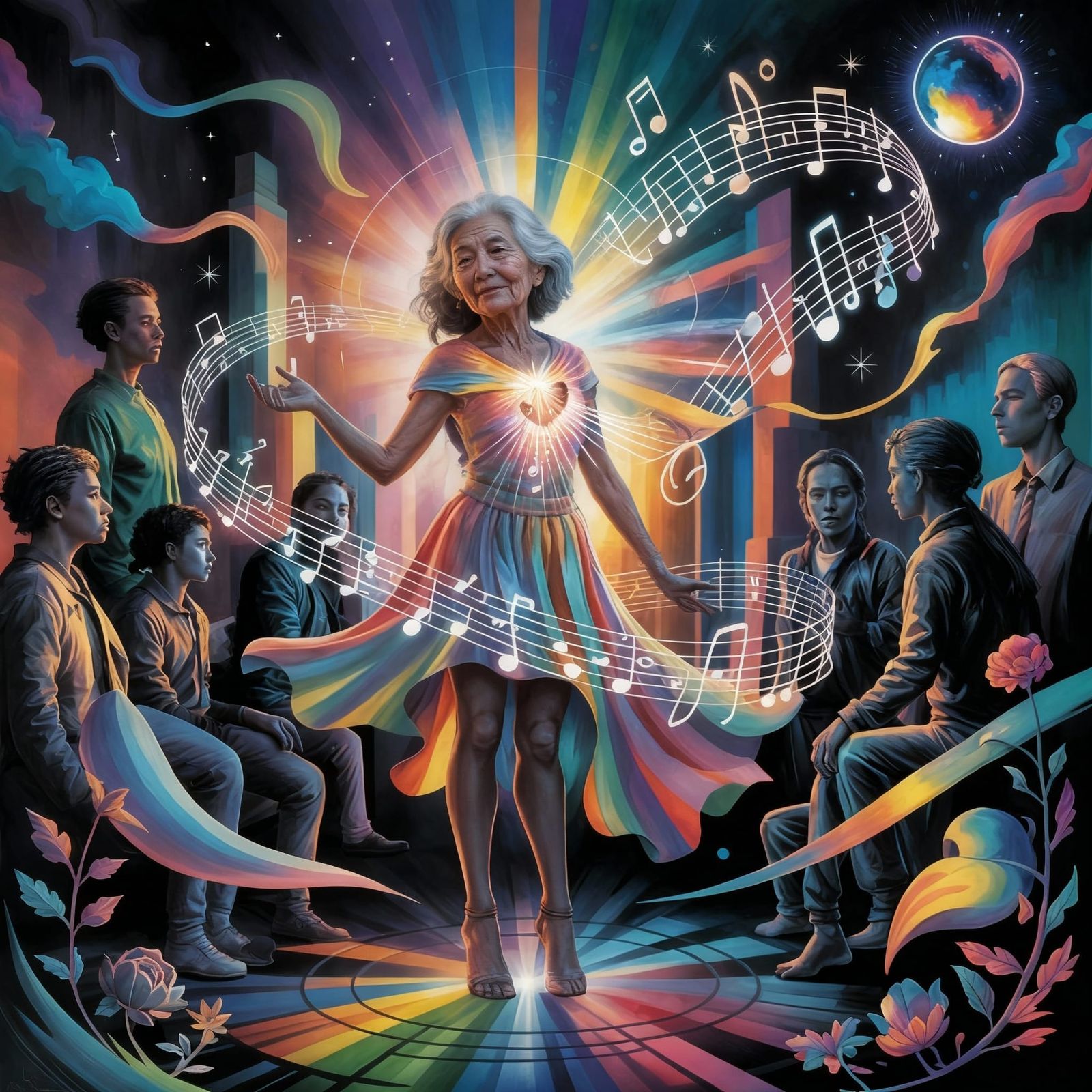 Indigenous Girl Radiates Light in Cosmic Urban Dance