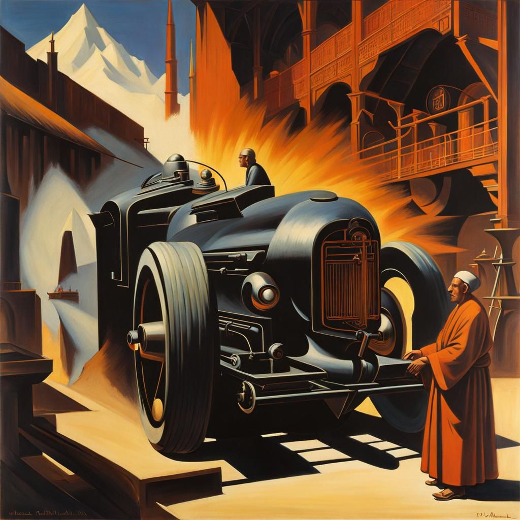 Monk Manipulating Machinery in Mixed Media Style