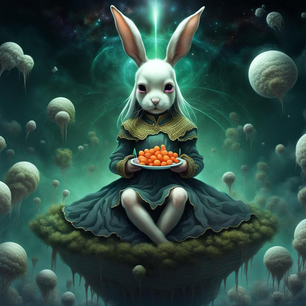 Bunny Floats in Space Eating Cosmic Carrots
