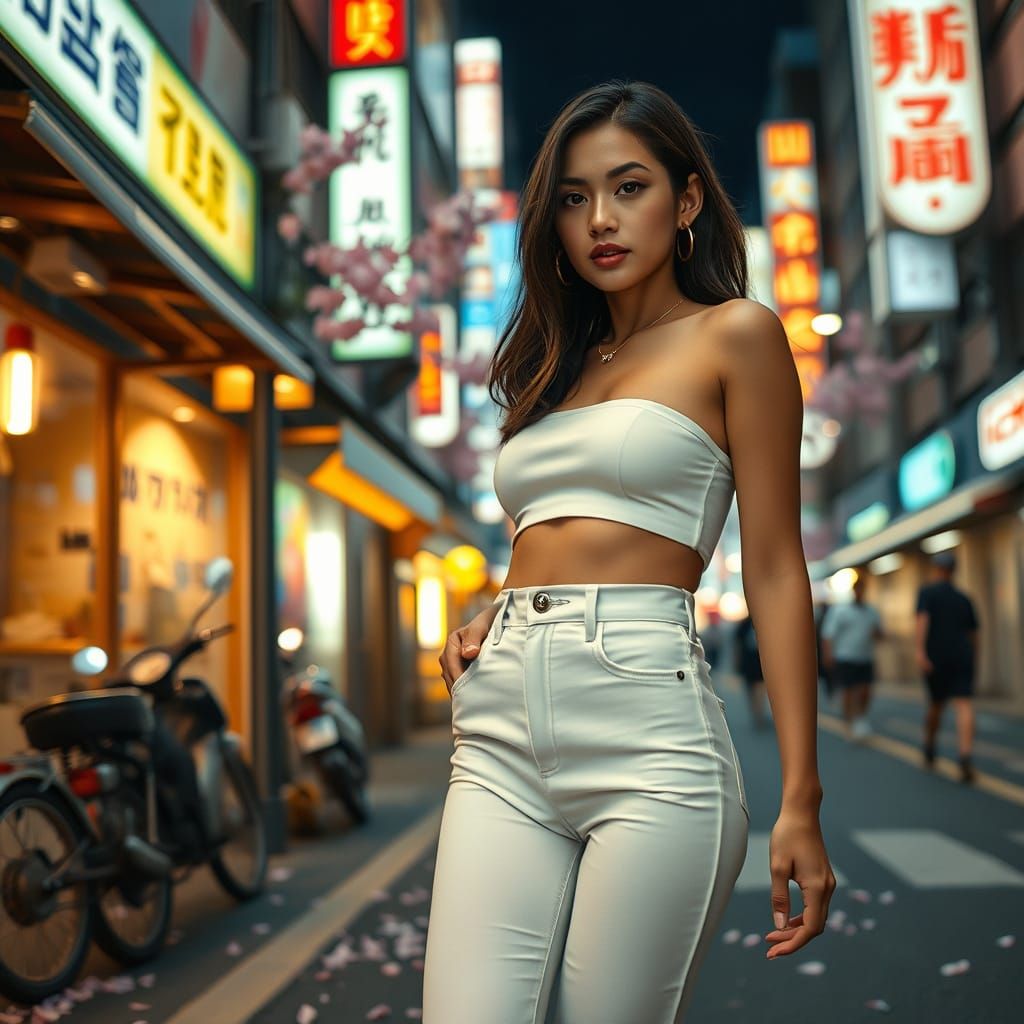 Woman Poses on Tokyo Street with Neon Lights