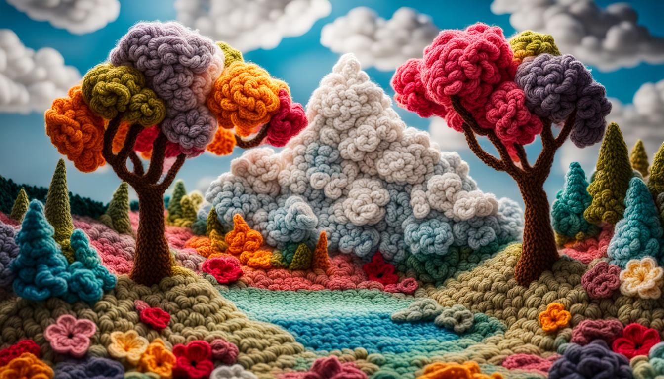 Crochet Forested Mountain Landscape with Flowers