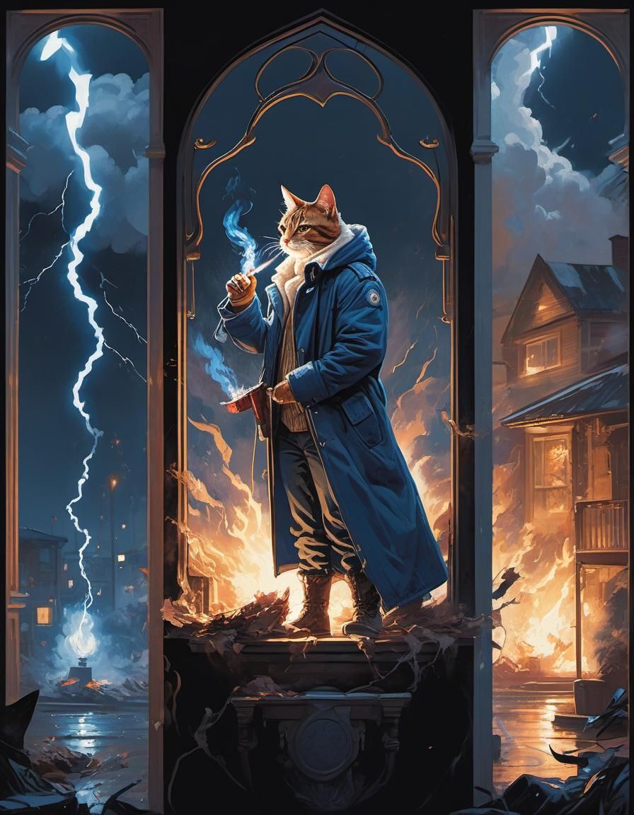 Lightning Cat in Streetwear, Digital Pixel Art