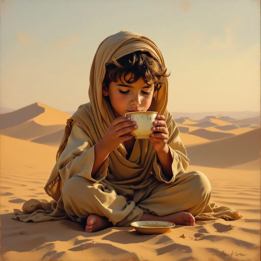 Boy in Desert Wearing Old Muslim Attire Drinking From Cup