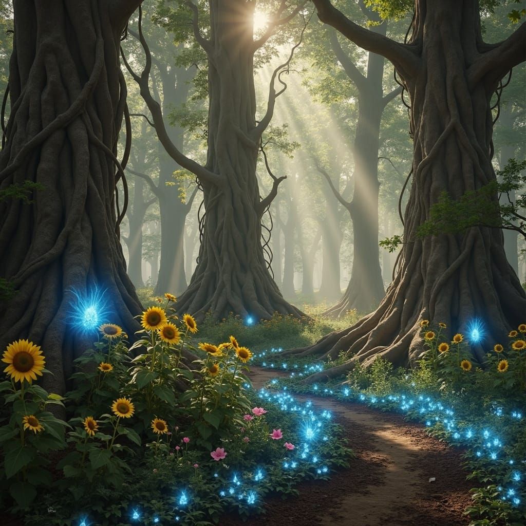 Mystical Forest with Giant Banyan Trees and Fireflies
