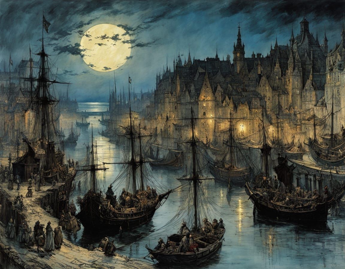 Mysterious Medieval Port City Under Full Moon
