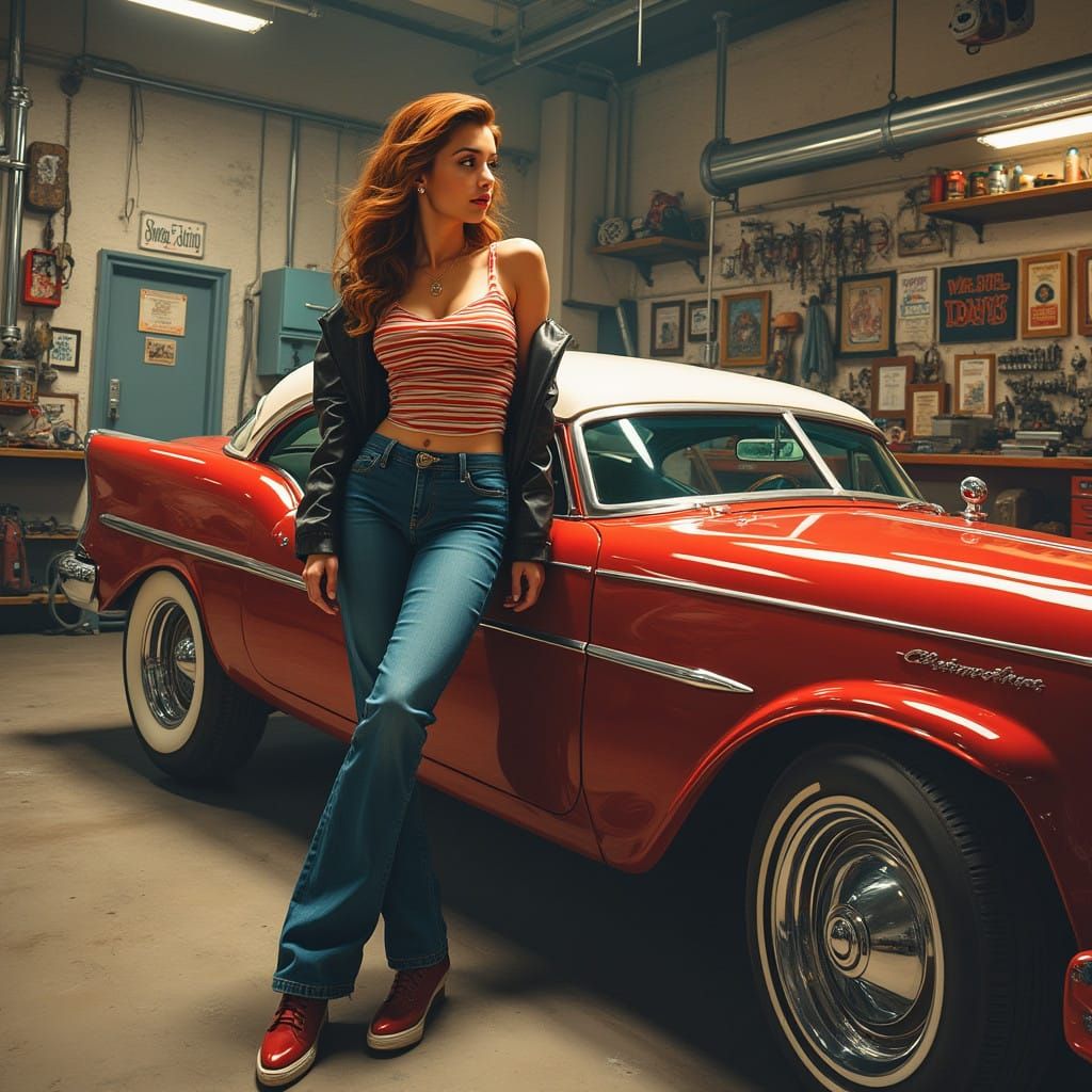 Retro Pin-Up Girl Hot Rod Shop Scene in Digital Painting Sty...