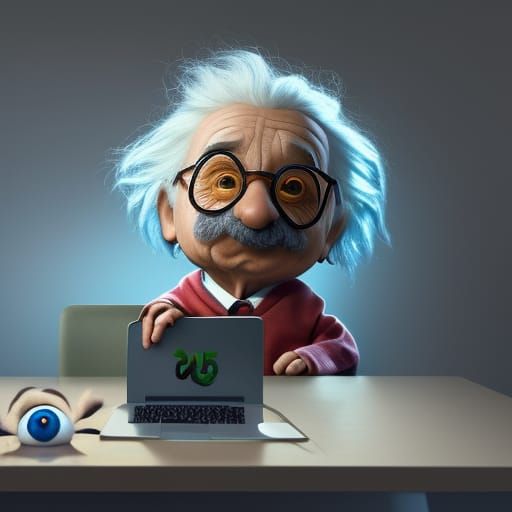 Einstein at Laptop: Hyperrealistic Digital Art