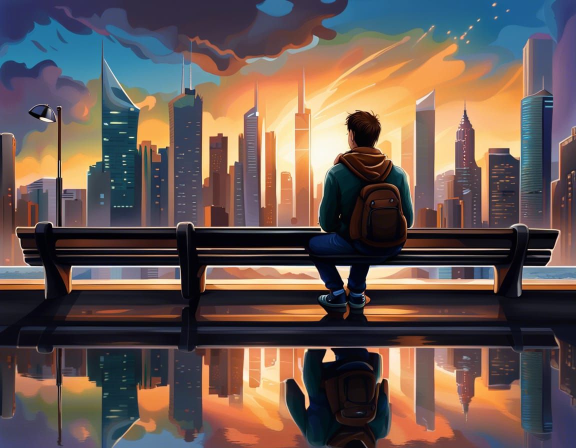 Contemplative Figure in Cityscape: Digital Impressionism