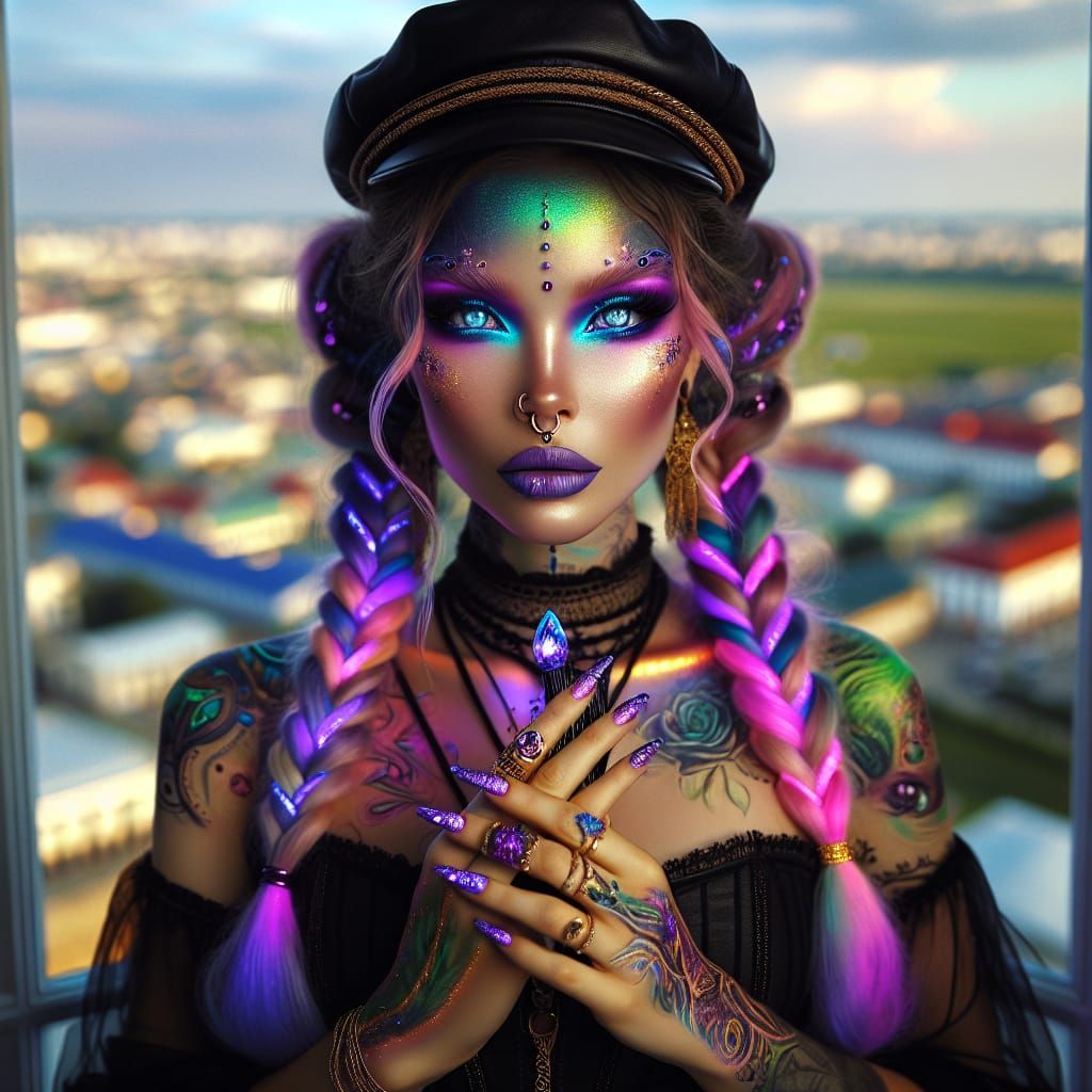 Enchanting Woman with Neon Dragon and City View