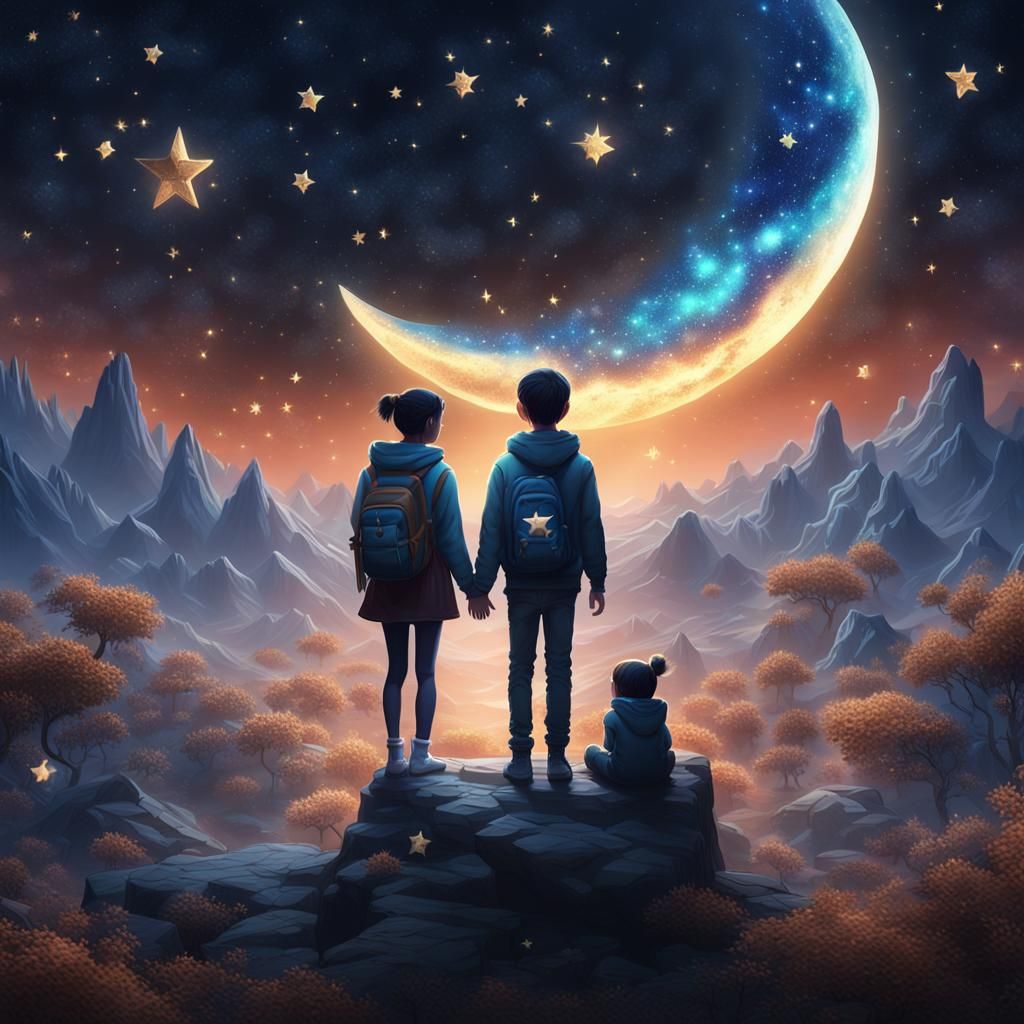 Teenagers on Moon Surrounded by Stars