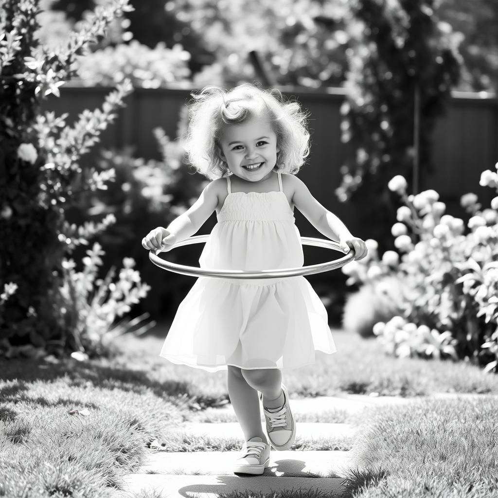 Girl with Hula Hoop: Nostalgic Black and White Portrait