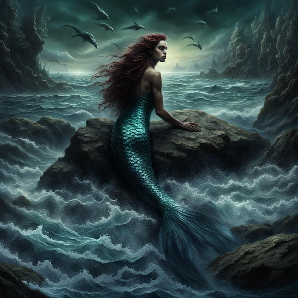 Evil Mermaid Lurking Near Surface in Fantasy Art